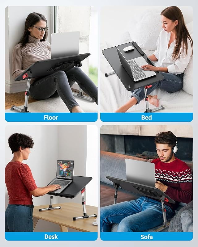 MY Laptop Desk for Bed with Cooling Fan, SAIJI Height & Angle Adjustable Laptop Stand for Bed, Lap Desk Tray Table, Lightweight Foldable Portable Computer Table for Couch Sofa Chair Floor Desk (Black