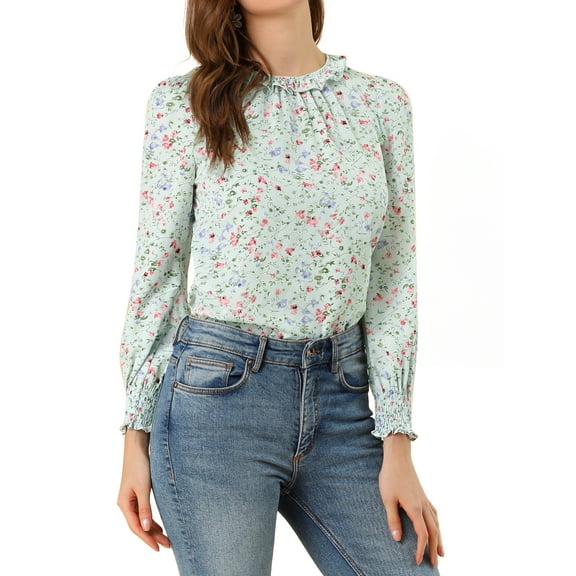 Allegra K Women's Smocked Cuffs Keyhole Back Ruffled Crew Neck Floral Blouse