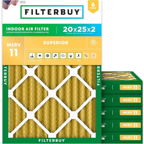 Filterbuy 20x25x2 Air Filter MERV 11 Allergy Defense, Pleated HVAC AC Furnace Filter Replacement, 6-Pack