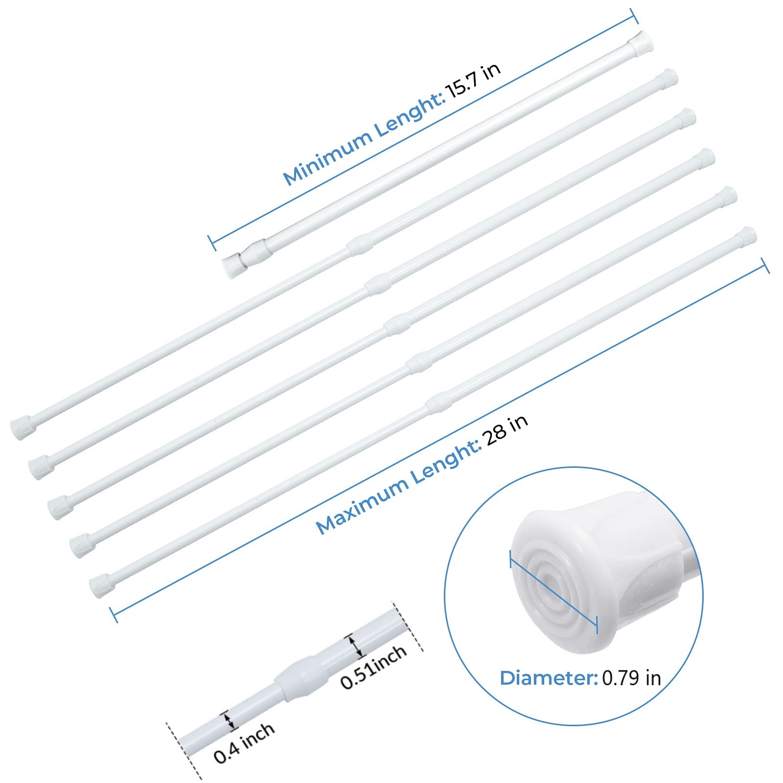 BEAMNOVA 6Pcs Tension Curtain Rod for Windows Cabinet Wardrobe Closet 15.7"-28" Adjustable, 1/2" Diameter, White