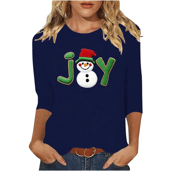 asdoklhq Sweatshirts Ladies' Christmas Round Neck 3/4 Sleeve T-shirt Shirt Blue S