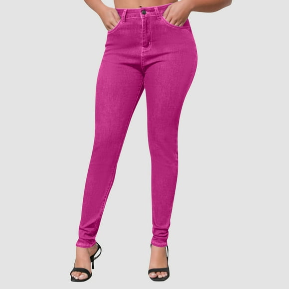 Fartey Women's Skinny Jeans Stretchy Butt Lifting Jeans Fashion High Waisted Jean Casual Washed Denim Pants with Pockets Hot Pink L