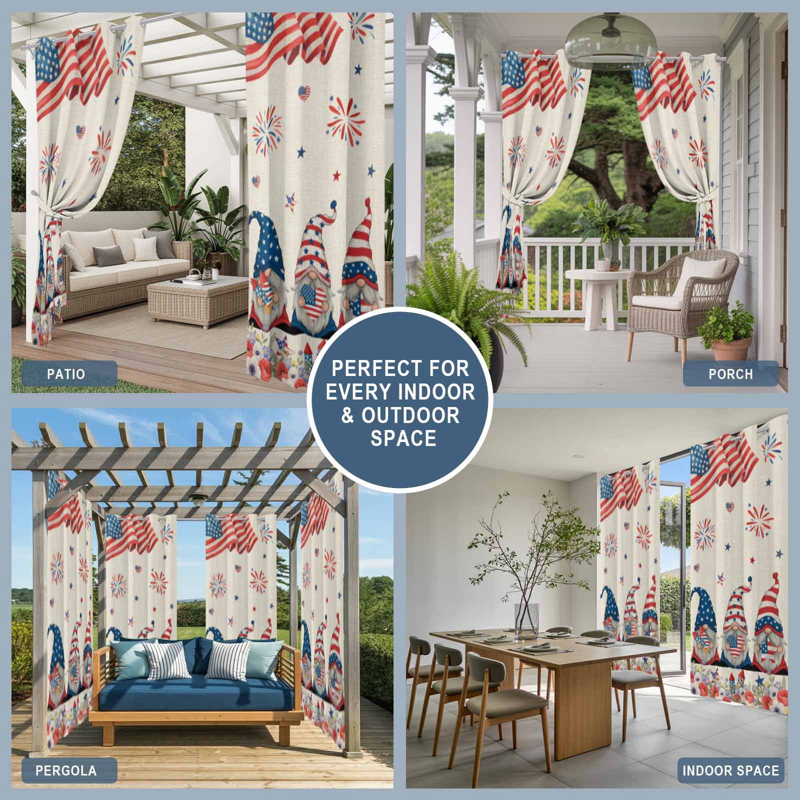 Independence Day Outdoor Curtains for Patio, Gnome Poppy US Flag Retro 4th of July Sunshade Privacy Drapes Grommet Waterproof Outside Curtains for Porch/Cabana/Balcony 54"x 108", 1 Panel