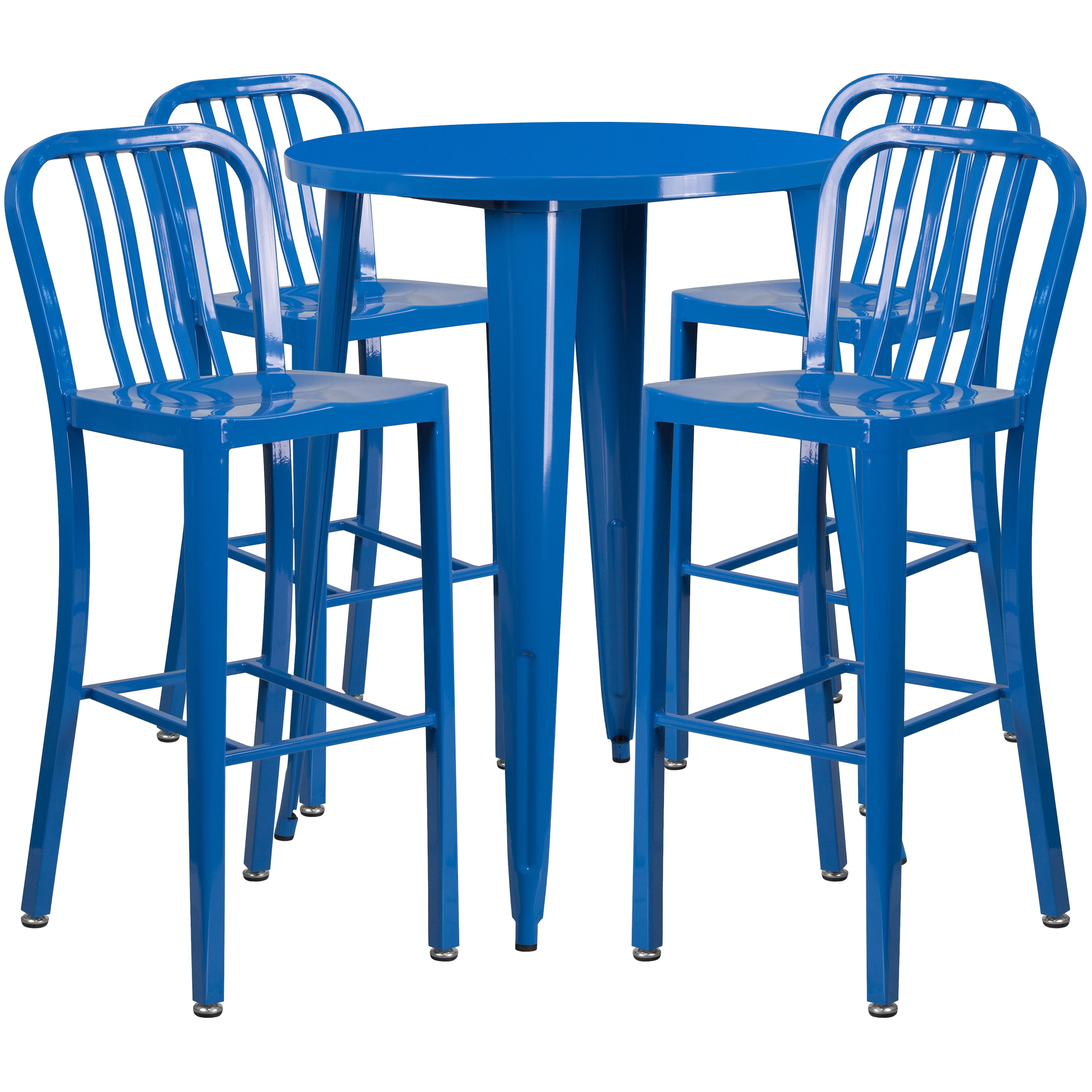 Flash Furniture Commercial Grade 30" Round Blue Metal Indoor-Outdoor Bar Table Set with 4 Vertical Slat Back Stools