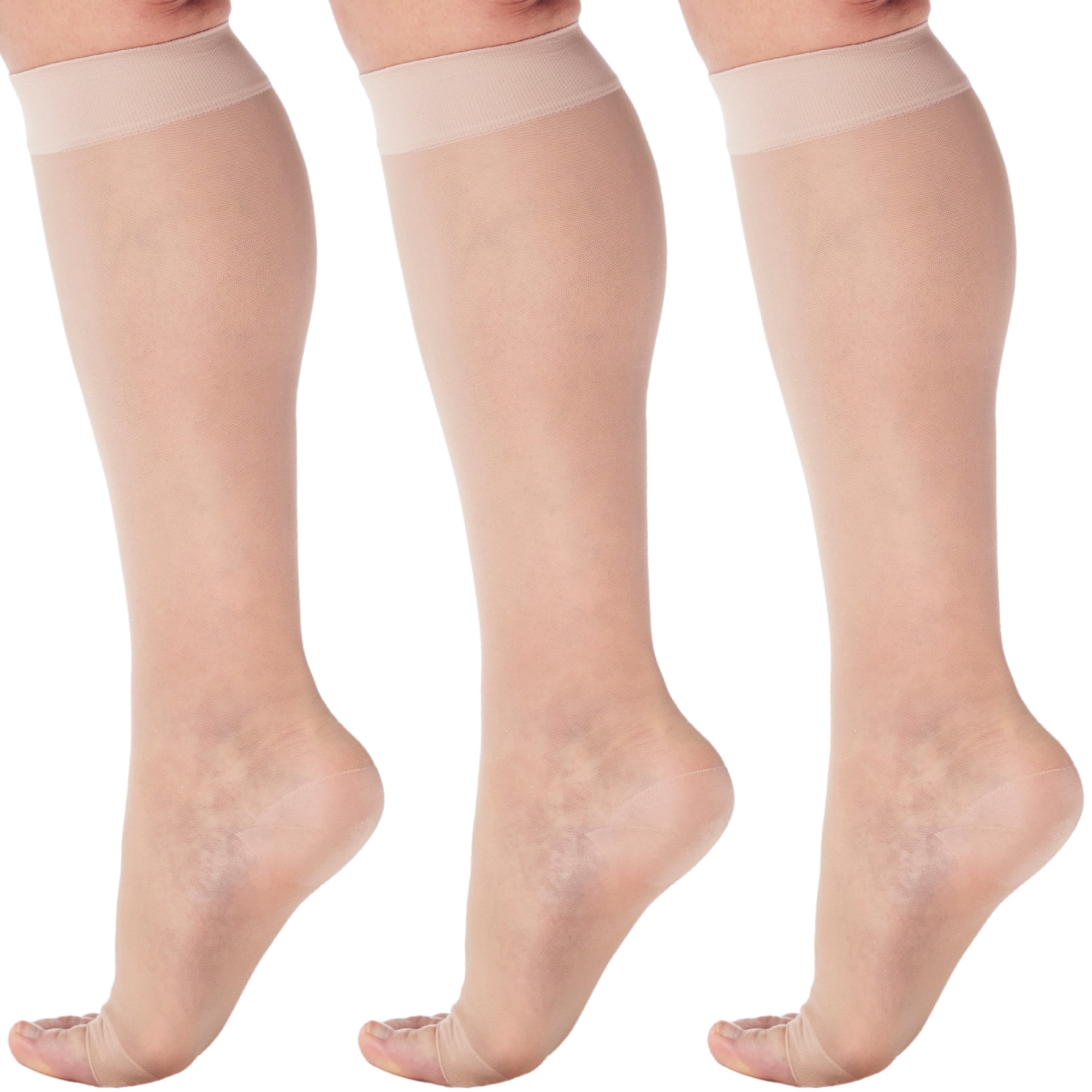 3 Pairs Extra Large Toeless Womens Sheer Support Socks 15-20mmHg Nude, 7X-Large