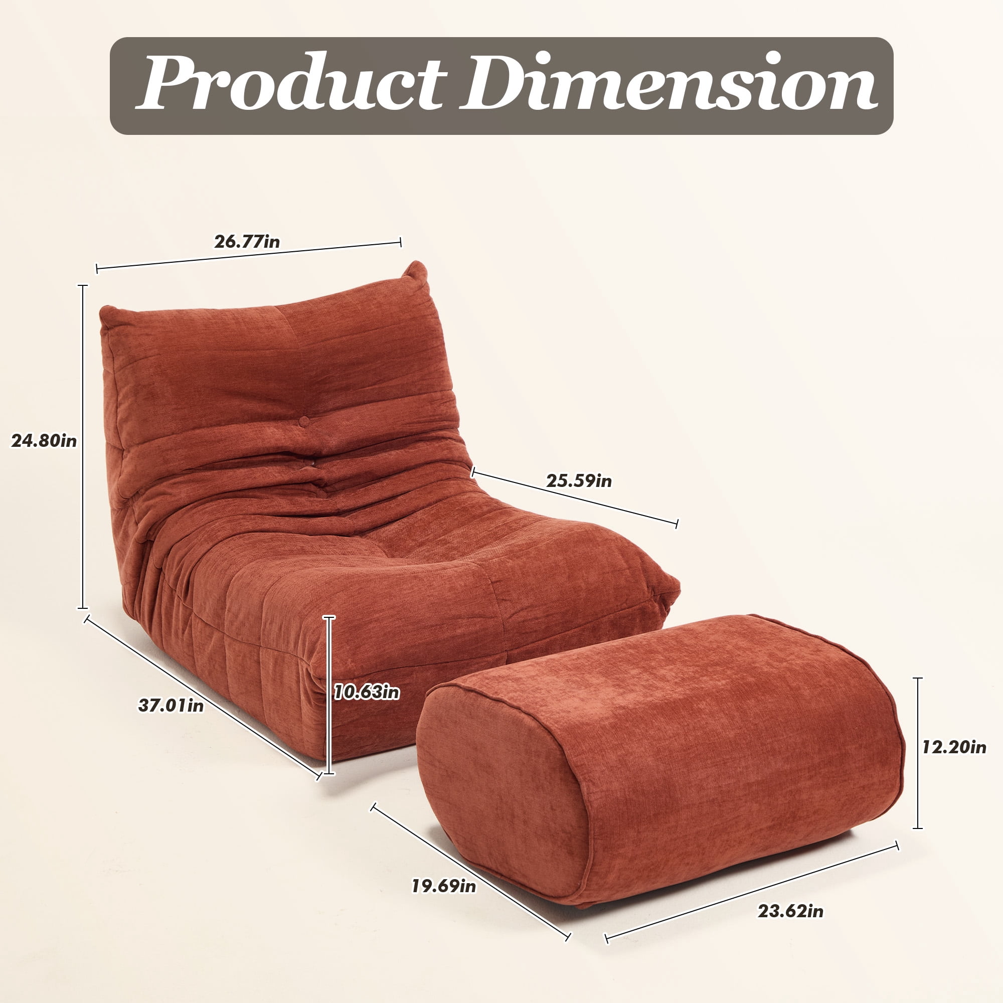 MOONMISS Chenille Fabric Chaise Lounge Chair with Ottoman, Ergonomic Lazy Sofa for Adults, Soft Cloud Couch for Living Room, Bedroom, Orange