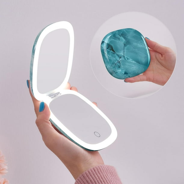 Mocado Espejo de maquillaje compacto de viaje LED – 4 pulgadas, aumento 1X/10X, espejo de viaje con luz regulable, doble cara, iluminado, USB, recargable, espejo compacto para bolso de viaje (mármol v