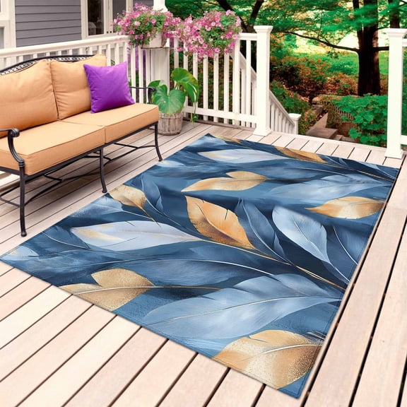 Modern Leaf Outdoor Rug 3x5 Ft, Non Slip Washable Area Rug, Blue Gold Textured Minimalist Watercolor Patio Rugs Carpet Runner, Large Floor Mat for Indoor/Outdoor Deck Porch Camping