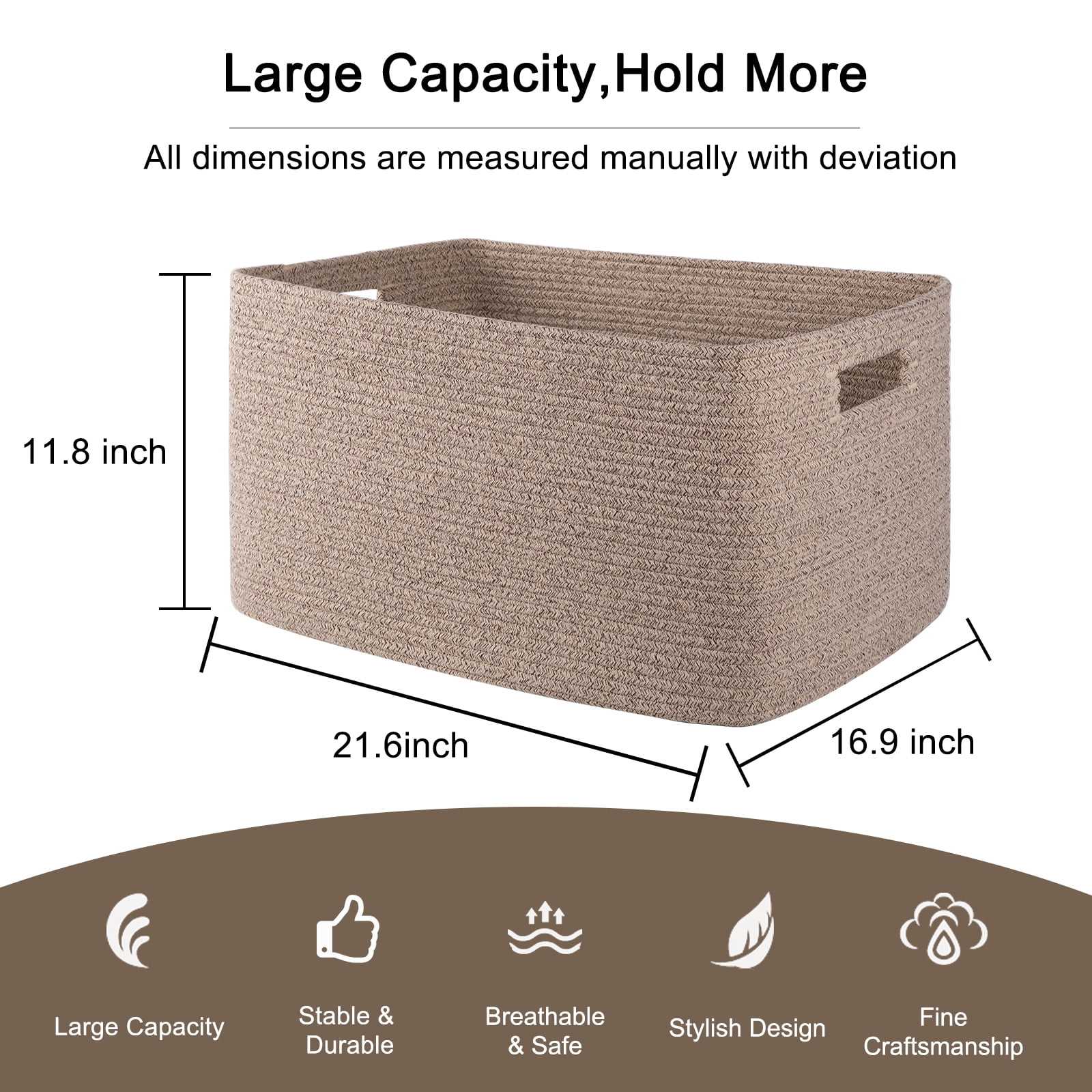 CHERISHGARD 70L Large Laundry Basket, Rectangle Cotton Rope Storage Baskets, Cotton Rope Basket with Handles