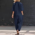 thumbnail image 5 of yardsong Women Linen Two Piece Summer Sets Half Sleeve Wrap V Neck Button Down Shirts Summer Wide Leg Linen Pant Lounge Outfits Navy,XL, 5 of 9