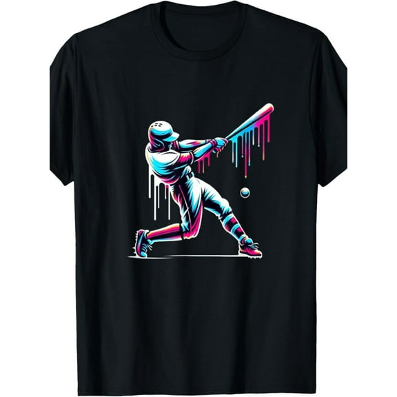 1pc EWH Men'S Casual Cotton T-Shirt with Drip Baseball Player Print, Round Neck, Loose Fit, Knitted Fabric, All Seasons