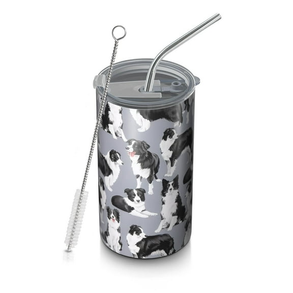 20oz Coffee Tumblers Cute Border Collie Pattern Stainless Steel Vacuum Insulated Travel Tumbler Coffee Cups Mug with Lid and Straw with Cleaning Brush for Cold & Hot Drinks