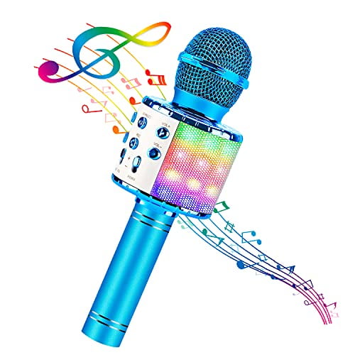 4 in 1 Karaoke Wireless Microphone with LED Lights,Portable Microphone for Kids,Great Toys for Kids,Girls,Boys and Adults (Blue)