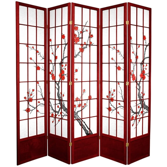 7ft. Tall Traditional Japanese Design Cherry Blossom Screen - Rosewood - 5 Panels