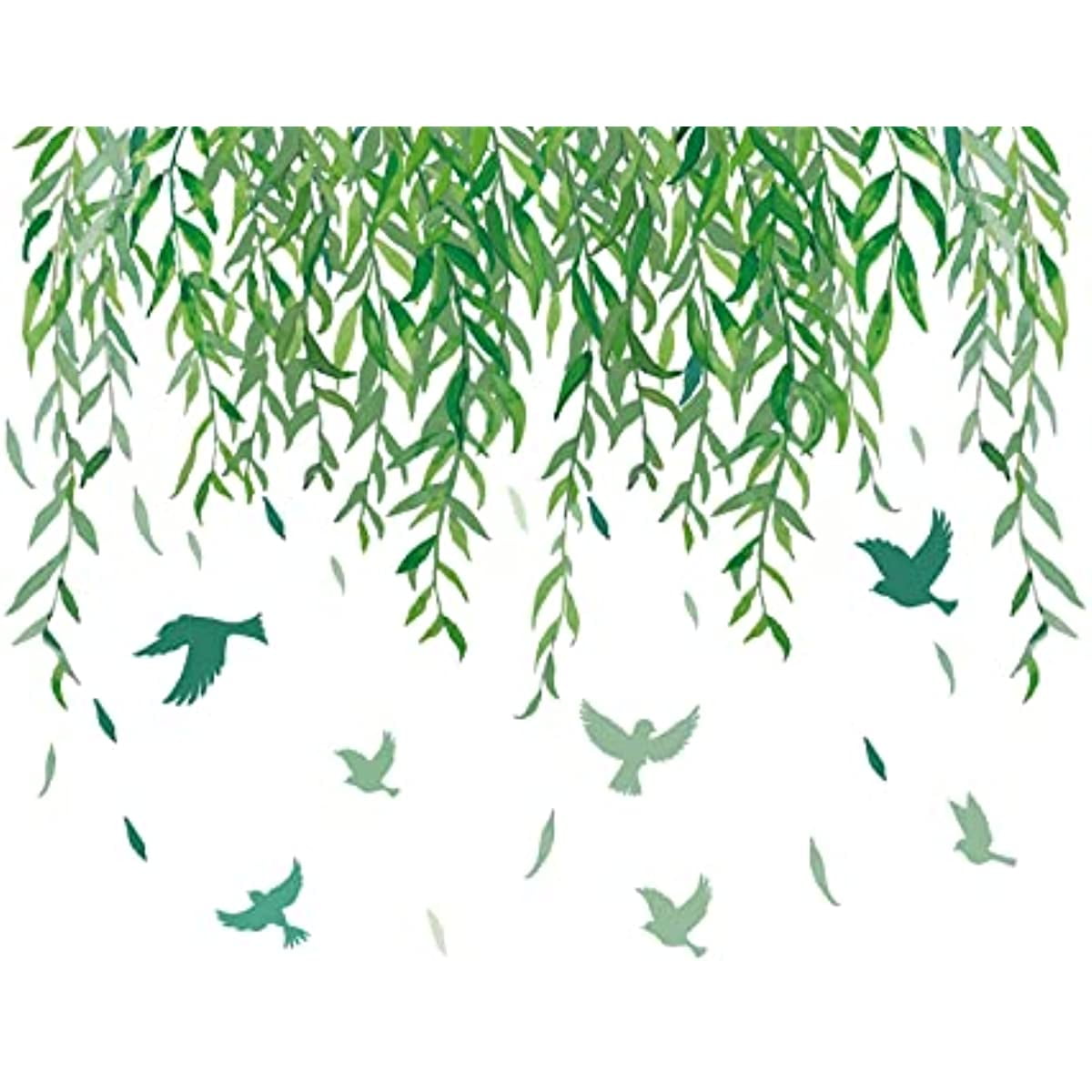 Green Leaves Wall Sticker Hanging Willow Vine Wall Decals with Birds