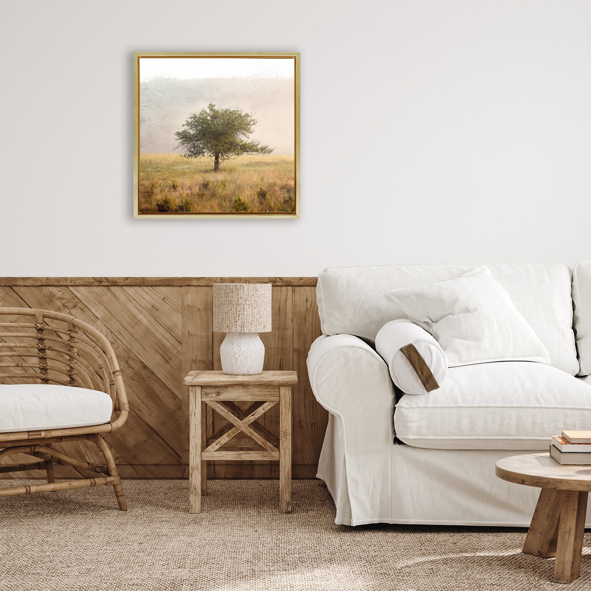 Stupell Industries Tree Alone in Golden Field Gold Framed Floater Canvas Wall Art, design by Anne Bailey