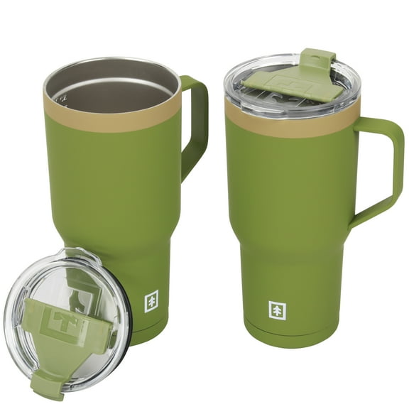 Swiss Tech Stainless Steel Insulated Tumbler with Mug Handle and Leakproof Locking Lid 30oz, 2 pack, Soft Touch Green