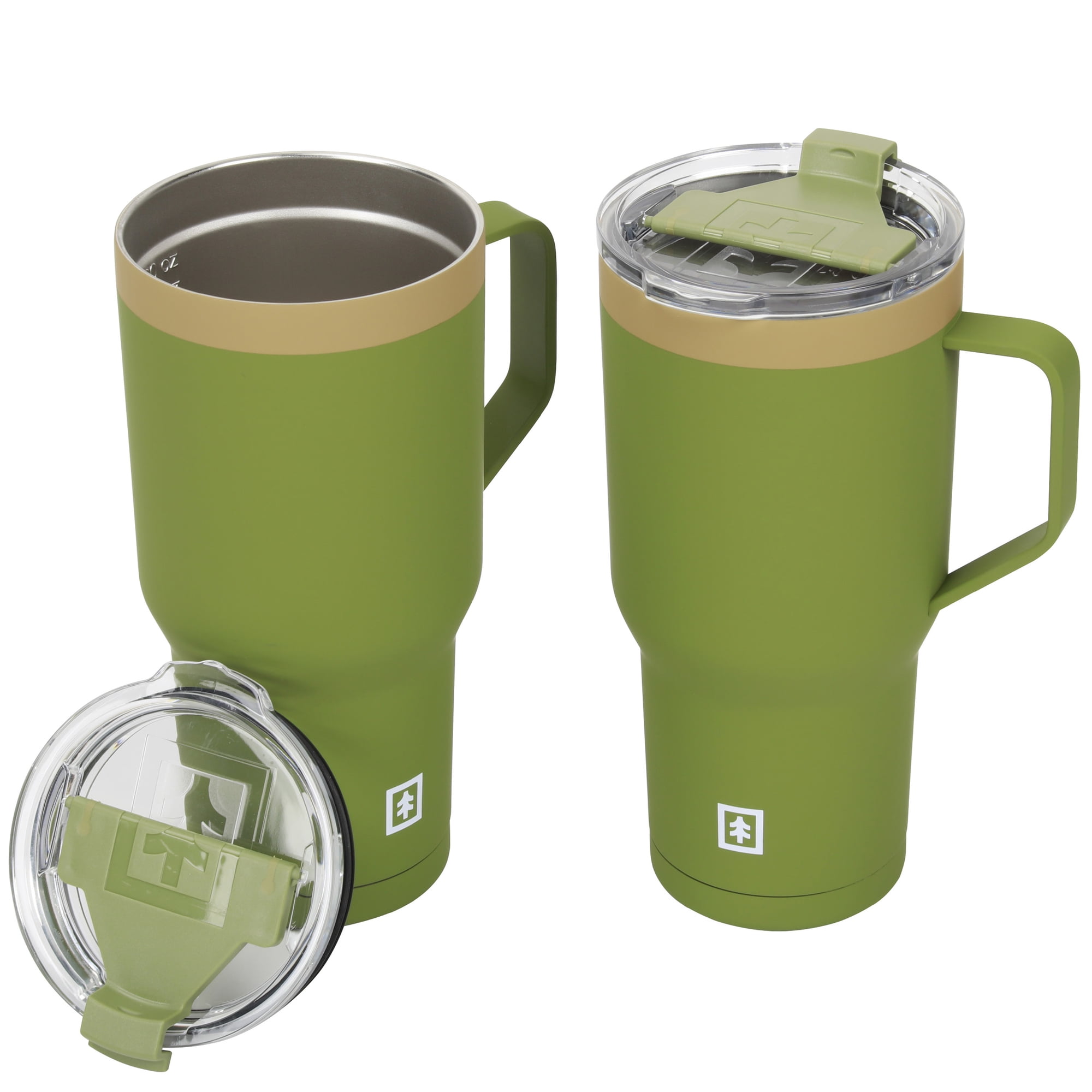 Swiss Tech Stainless Steel Insulated Tumbler with Mug Handle and Leakproof Locking Lid 30oz 2 pack Soft Touch Green