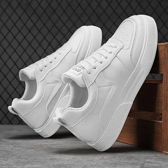 Men's Classic White Lace-Up Casual Trainers - PU Upper, Durable PVC Sole, Comfortable Insole, Outdoor Ready Footwear for Office & Gym, Easy-to-Clean Training Shoes, Walking Shoes, Sports Shoes
