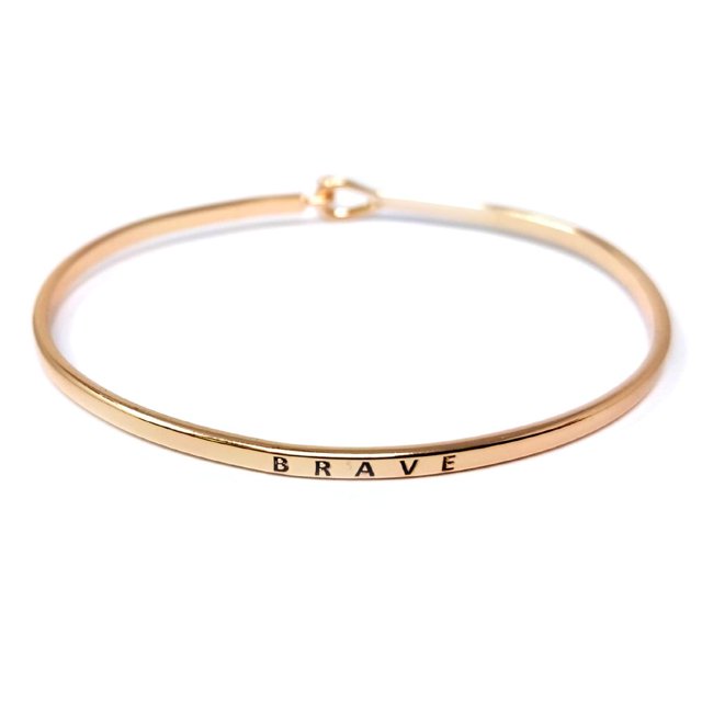 Me Plus Inspirational "BRAVE" Positive Message Engraved Thin Bangle Hook Bracelet (Rose Gold, brass)