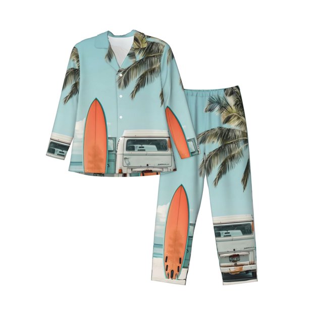 Fotbe Vintage Surf Van Beach Pijama de Hombre con Estampado de Manga Larga, Conjunto de 2 Piezas, Ropa de Dormir Suave y Cómoda con Bolsillos-Medium