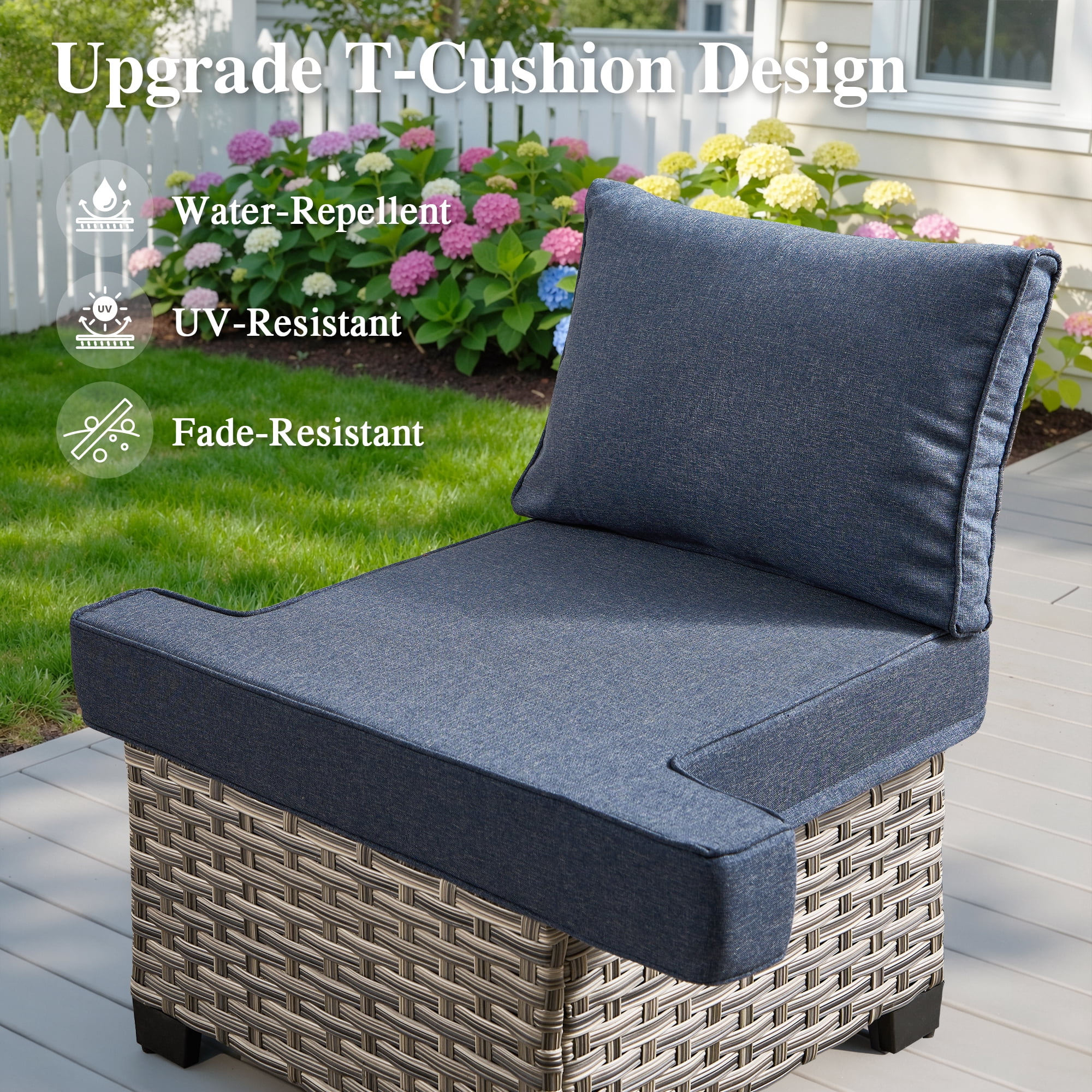 Ovios 6-Piece Outdoor Patio Furniture Set with Solar-Powered Lighted Coffee Table, All-Weather Wicker L-Shaped Sectional Sofa, Denim Blue