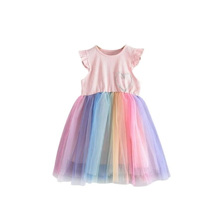 

Mioliknya Toddler Kids Baby Girl Striped Rainbow Dress Ruffle Short Sleeve Solid Color Dress Party Tutu Dresses