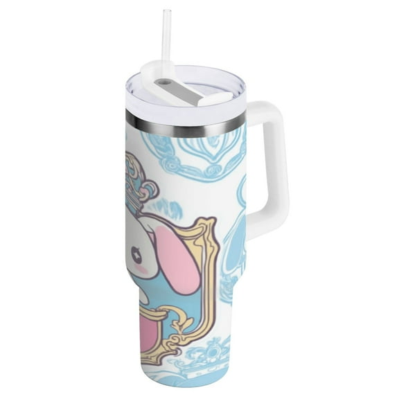 Cinnamoroll with Crown and Shield. Tumbler with Handle and Straw Lid 40 oz Insulated Vacuum Water Bottle Stainless Steel Travel Cup