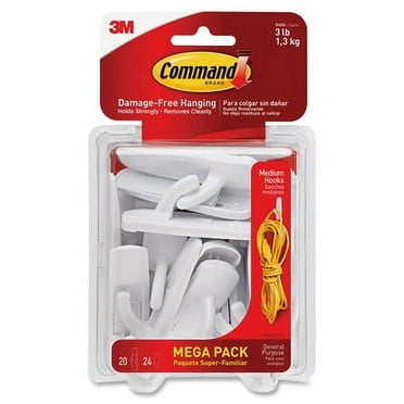 Command-1PK General Purpose Hooks, Medium, 3 Lb Cap, White, 20 Hooks And 24 Strips/Pack