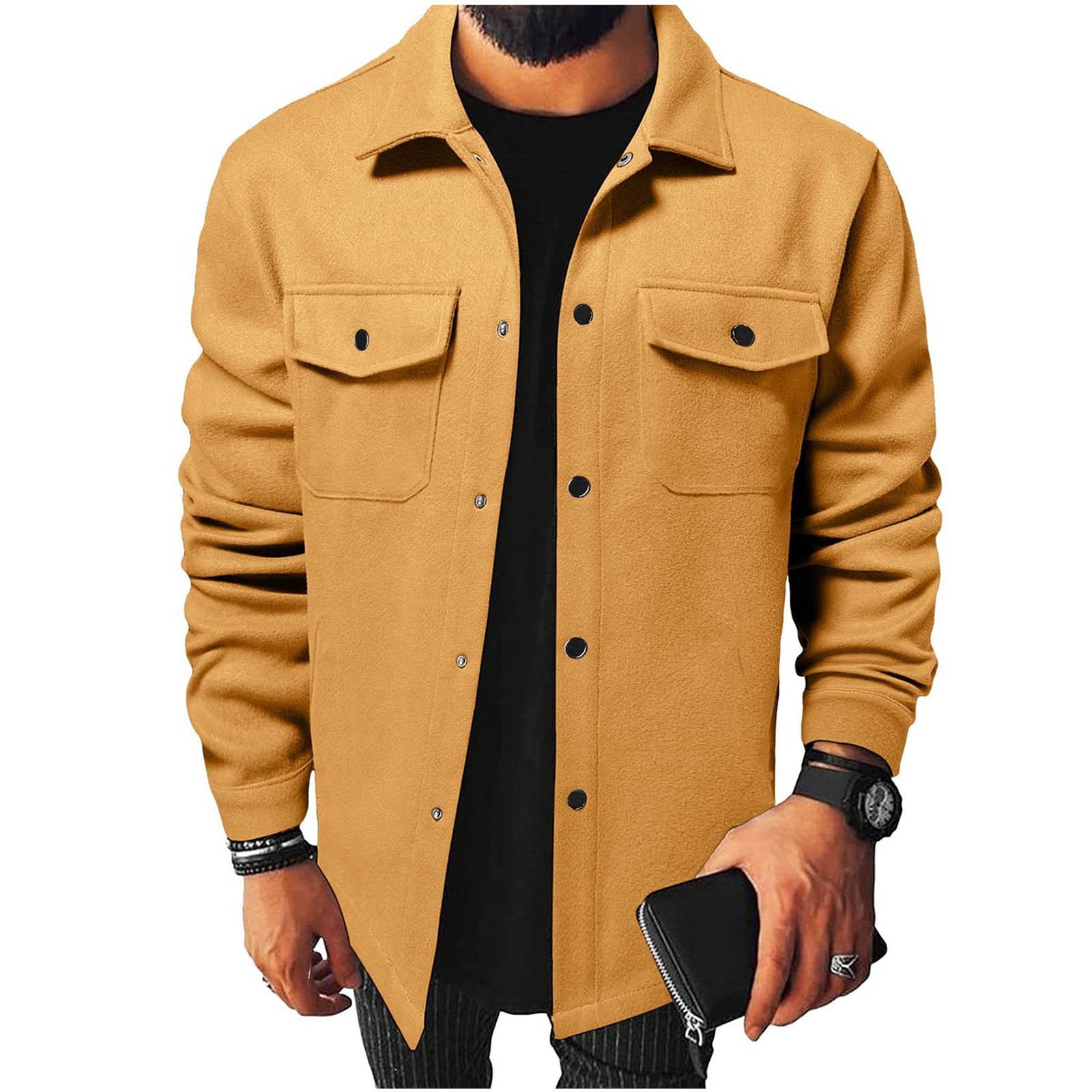 Sahpxhe Jackets for Men Collared Button Down Long Sleeve Shirt Jacket with Dual Chest Pocket Relaxed Fit Casual Work Outerwear Yellow S