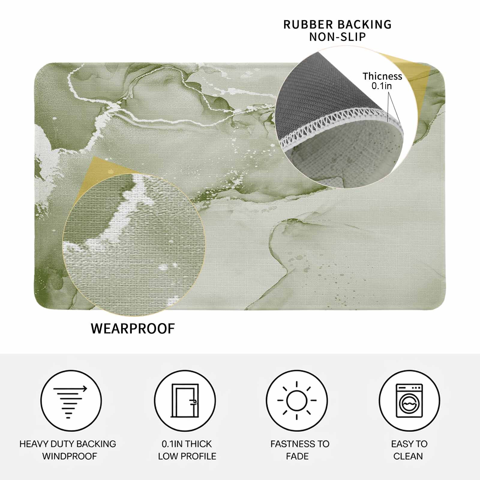Marble Sage Green Doormat Outdoor Entrance 20"x31.5", Modern Abstract Ink Painting Luxury Absorb Moisture Dirt Door Mats, Non-Slip Rubber Backing Floor Mats Indoor, Low-Profile Front Door Rugs