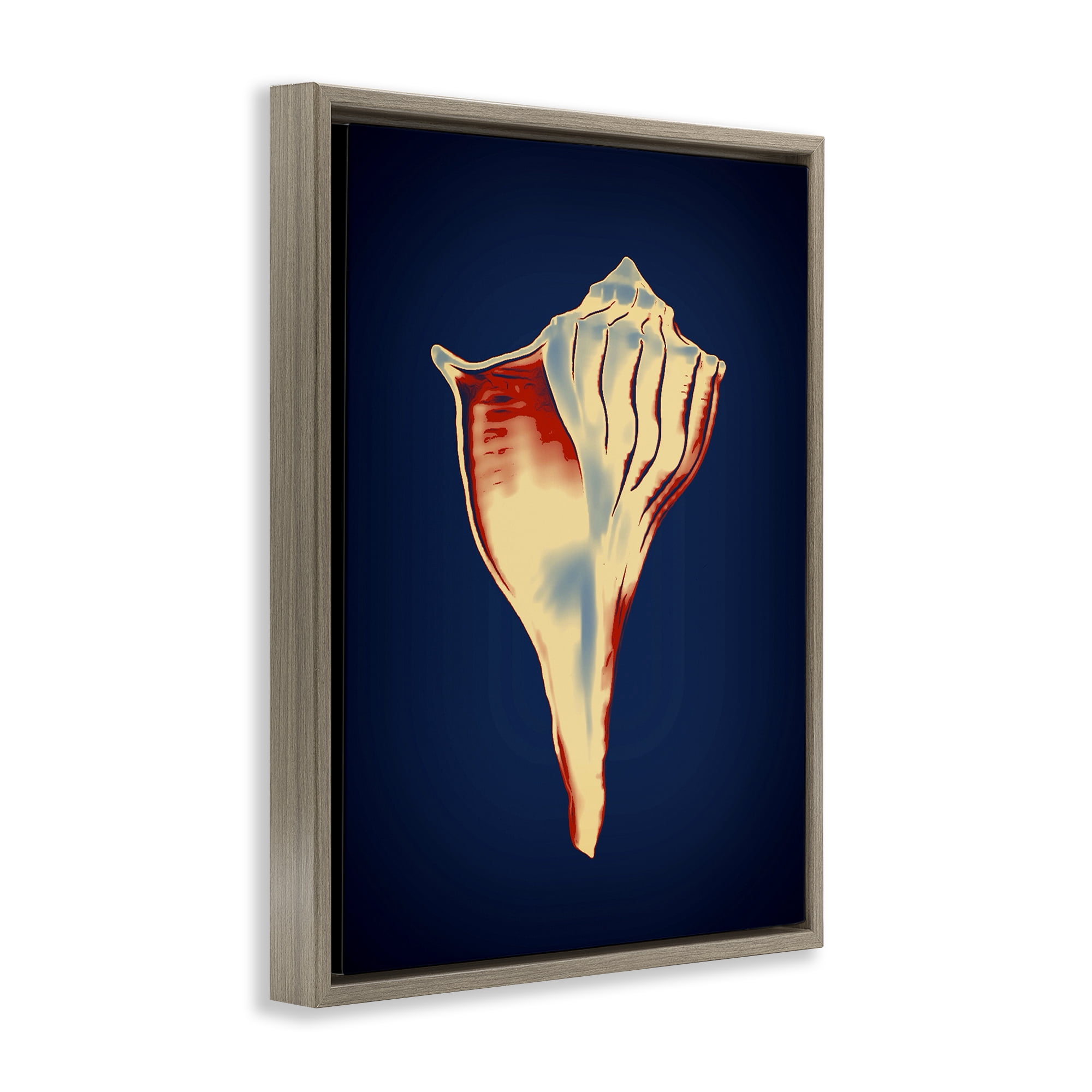 Stupell Industries Lightning Whelk on Blue Nautical & Beach Painting Brown Floater Framed Canvas Art Print Wall Art, 17 x 21