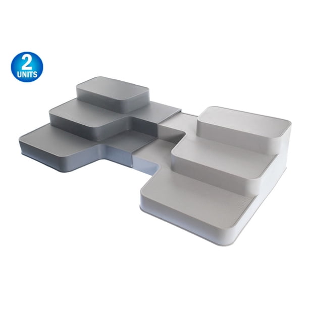 Organizador de especias extensible de 3 niveles, antideslizante, con 2 estantes escalonados. El estante se extiende de 42 a 62 cm para cocina, refrigerador, despensa, gabinetes, alacenas, encimeras y