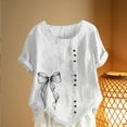 thumbnail image 4 of Mifsaly Plus Size Short Sleeve Womens Summer Tops Bow Print Linen Shirt Button Down Dressy Casual Blouse Vacation Loose Tshirts Fashion Loungewear M, 4 of 5
