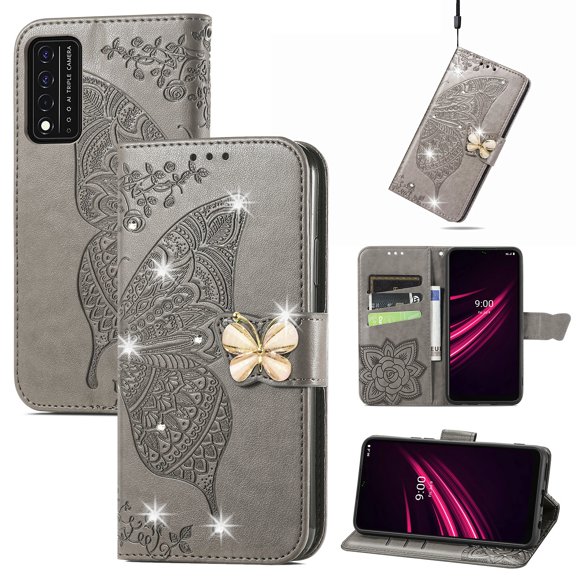 Feishell for T-Mobile REVVL V 5G Wallet Case for Women Girls,Bling Diamond Butterfly Embossed PU Leather Magnetic Clasp Flip Kickstand ID Credit Card Slots Phone Case with Wrist Strap,Gray