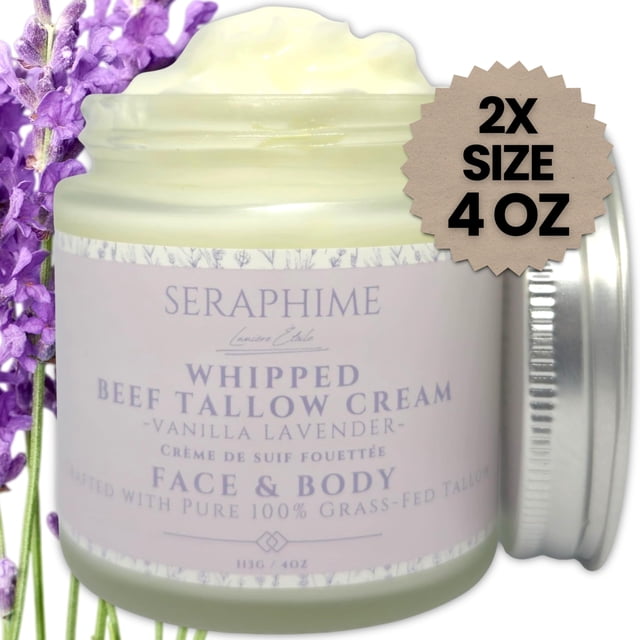 Seraphime Crema de sebo de carne batida (lavanda) - Sebo de carne alimentado con pasto para cara y cuerpo Crema facial de sebo Bálsamo de sebo batido Crema hidratante facial de sebo batido Sebo de car