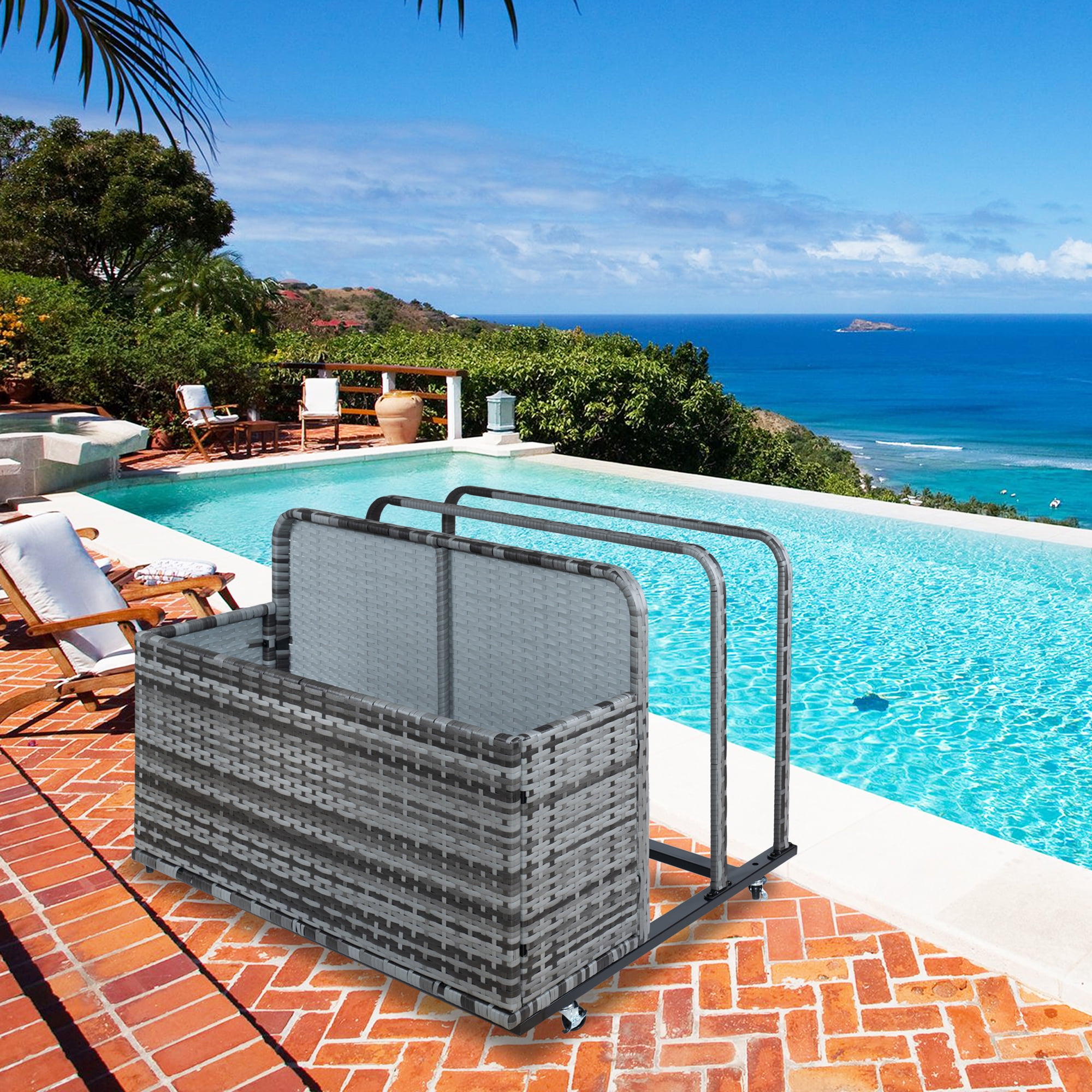 Outdoor Patio Poolside Float Storage, Poolside Float Storage Basket with Storage Box, PE Rattan