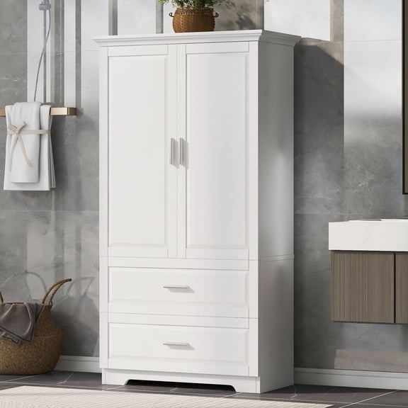 Fulvair White Tall Bathroom Storage Cabinet with 2 Doors, 2 Drawers & Adjustable Shelf, MDF Wood