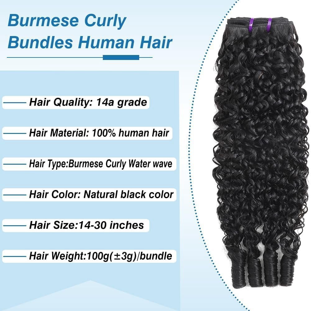 Curly Human Hair  Burmese Curly  Human Hair  Unprocessed Wet And Wavy 3 (16 18 20 Inch)with Spiral End 14A Water Wave Bundle Quick Weave Hair for Women  Black