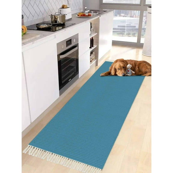 Blue Entryway Runner Rug 2x4ft, Modern Pure Wave Ride Washable Woven Living Room Hallway Bedroom Kitchen Carpet with Tassels, Non-Shedding Indoor Outdoor Throw Door Mat for Entryway