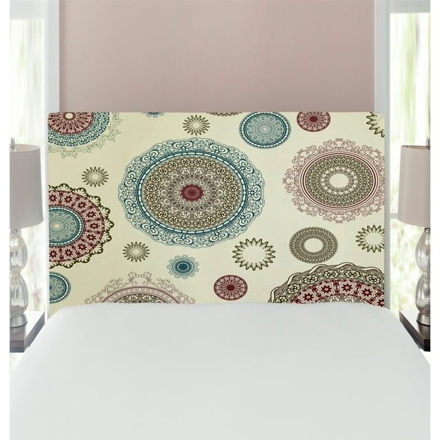 Beige Headboard, Vintage Ornate Round Motifs Forms Oriental Nostalgic Art Old World in Retro Style, Upholstered Decorative Metal Bed Headboard with Memory Foam, Twin Size, Multicolor, by Ambesonne