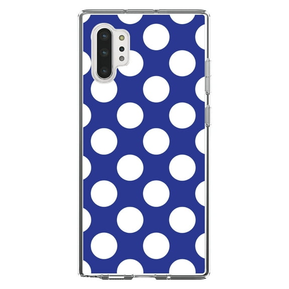 DistinctInk Clear Shockproof Hybrid Case for Galaxy Note 10 PLUS (6.8" Screen) - TPU Bumper, Acrylic Back, Tempered Glass Screen Protector - White & Dark Blue Polka Dots