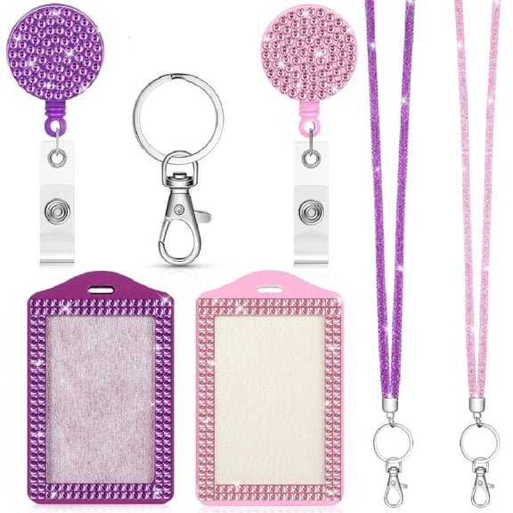 YangNengwen 2 Set Rhinestone Bling Lanyards for ID Badges Holder Crystal ID Card Holder Retractable Lanyard with Metal Clasp Key Ring for Women Office School Travel Pink, Purple