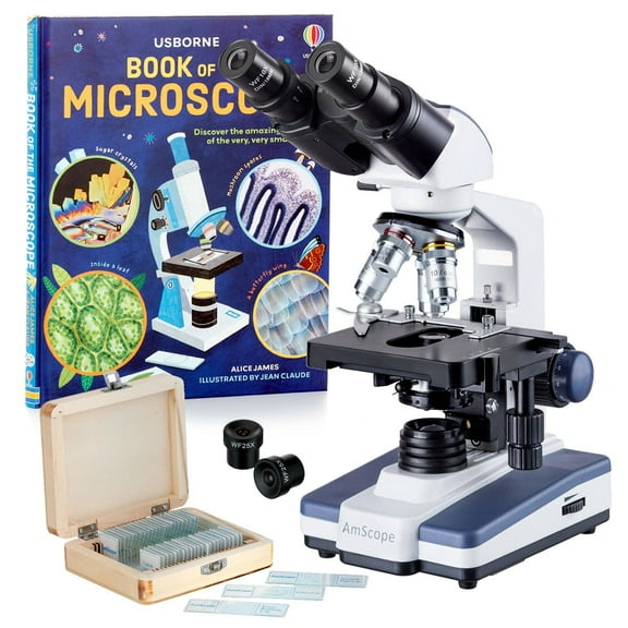 AmScope 40X-2500X LED Lab Binocular Compound Microscope   Book   25 Prepared Slides New
