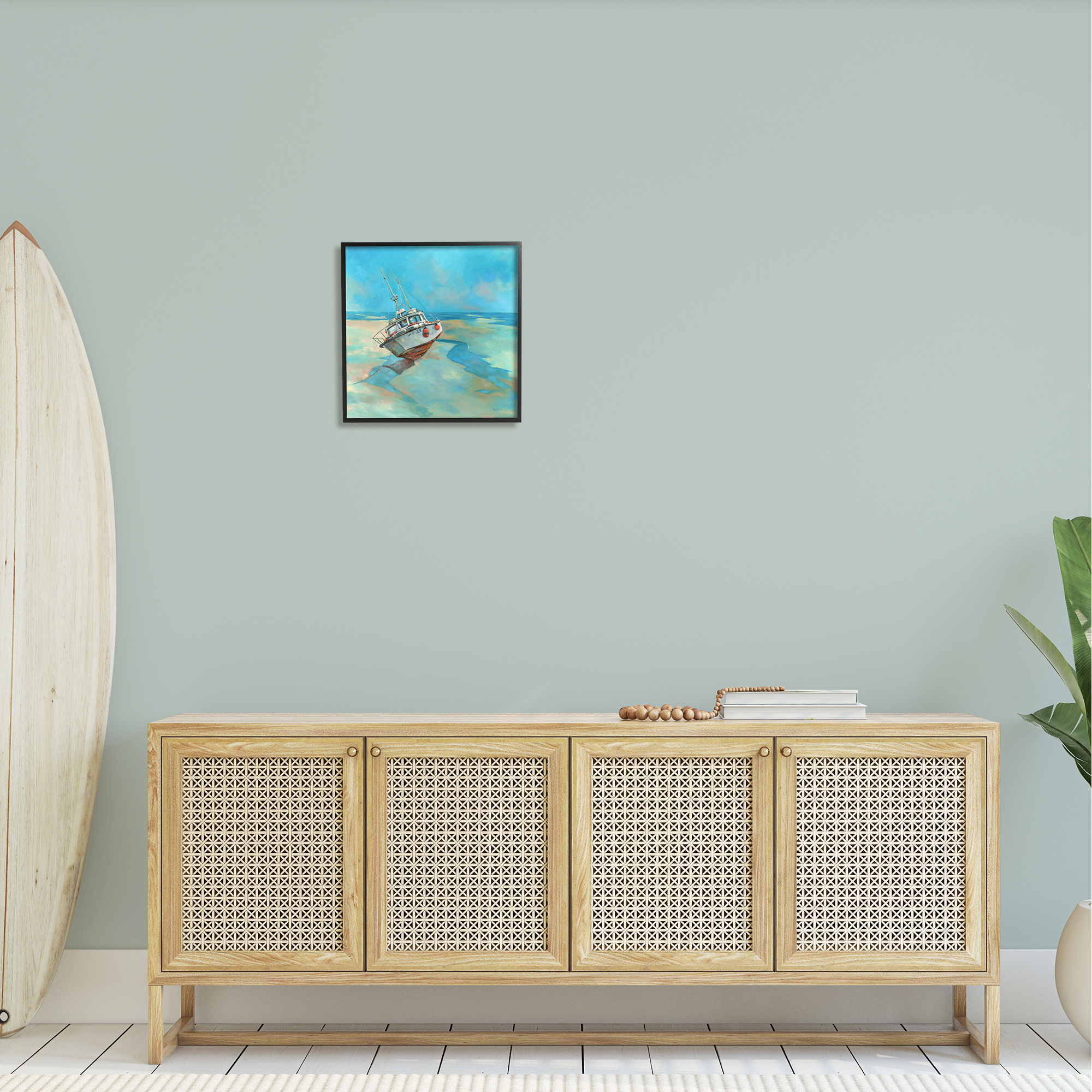 Stupell Low Tide Boat Beach Shore Landscape Painting Black Framed Art Print Wall Art