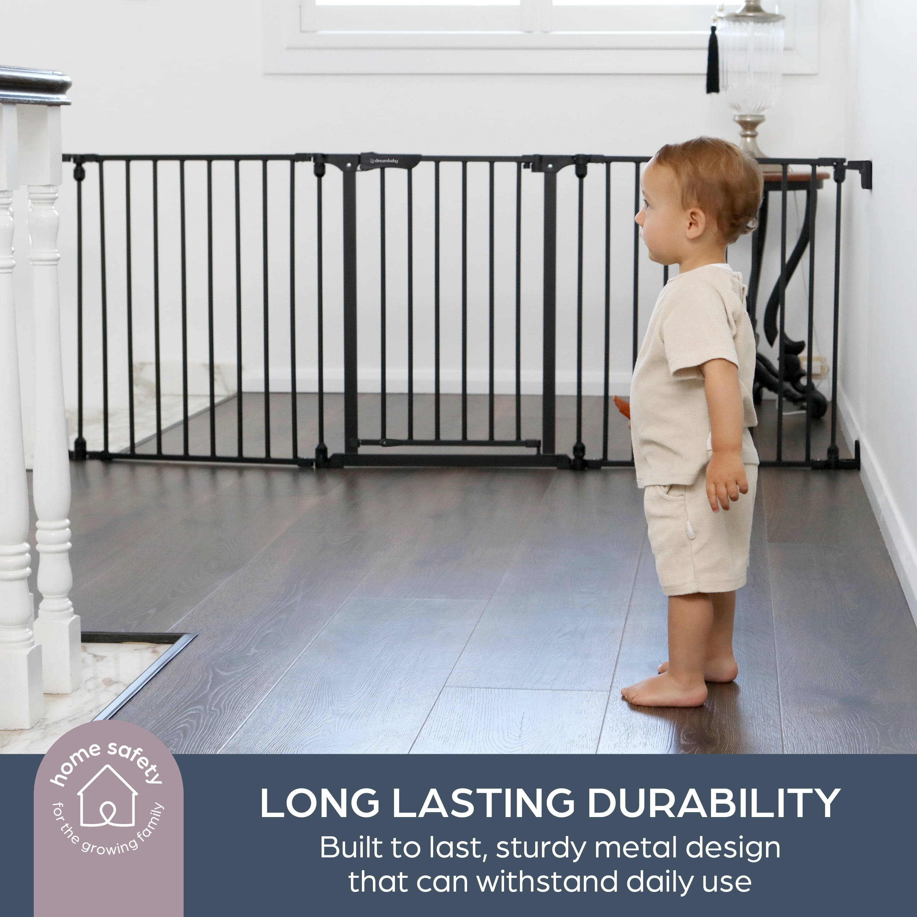 Dreambaby Discovery Metal Baby Gate - 76.5" Extra Wide 3 Panel Walk Through Door for Angled Openings, Configurable for Stairs and Hallways, 29in High