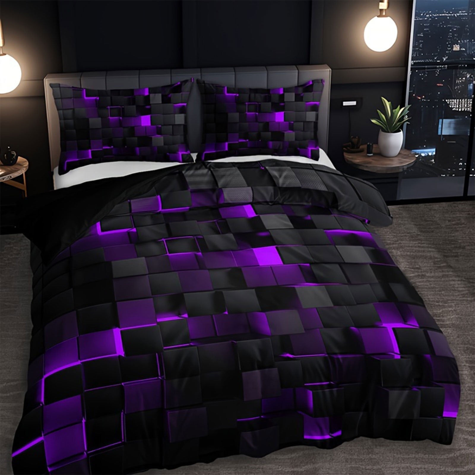 Quilt Bedding Set, 59X79 In, Purple Neon Blocks, Duvet Cover Set, Bedroom Bedding, King Size Pillow Shams, Purple Black Tones, 3 Pc