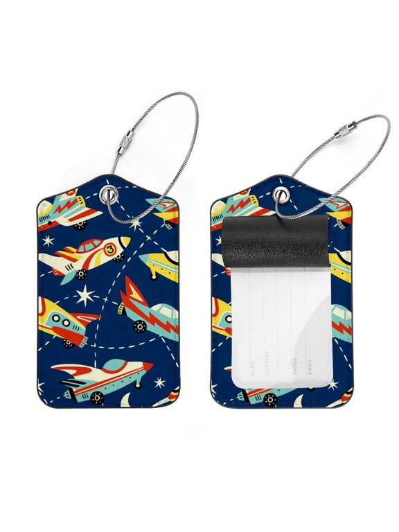 Square 2Pack PU Leather Space Cars Navy Cruise Luggage Tag with Privacy Cover and Stainless Steel Ring - Suitable for Travel Handbags Backpacks Luggage Tags