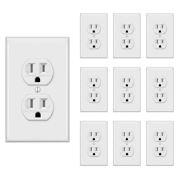 Duplex Receptacle Outlet with Wall Plate, Tamper-Resistant Electrical Outlet, Residential Grade, 15A 125V, Self-Grounding, 2-Pole, UL Listed, White (10 Pack)