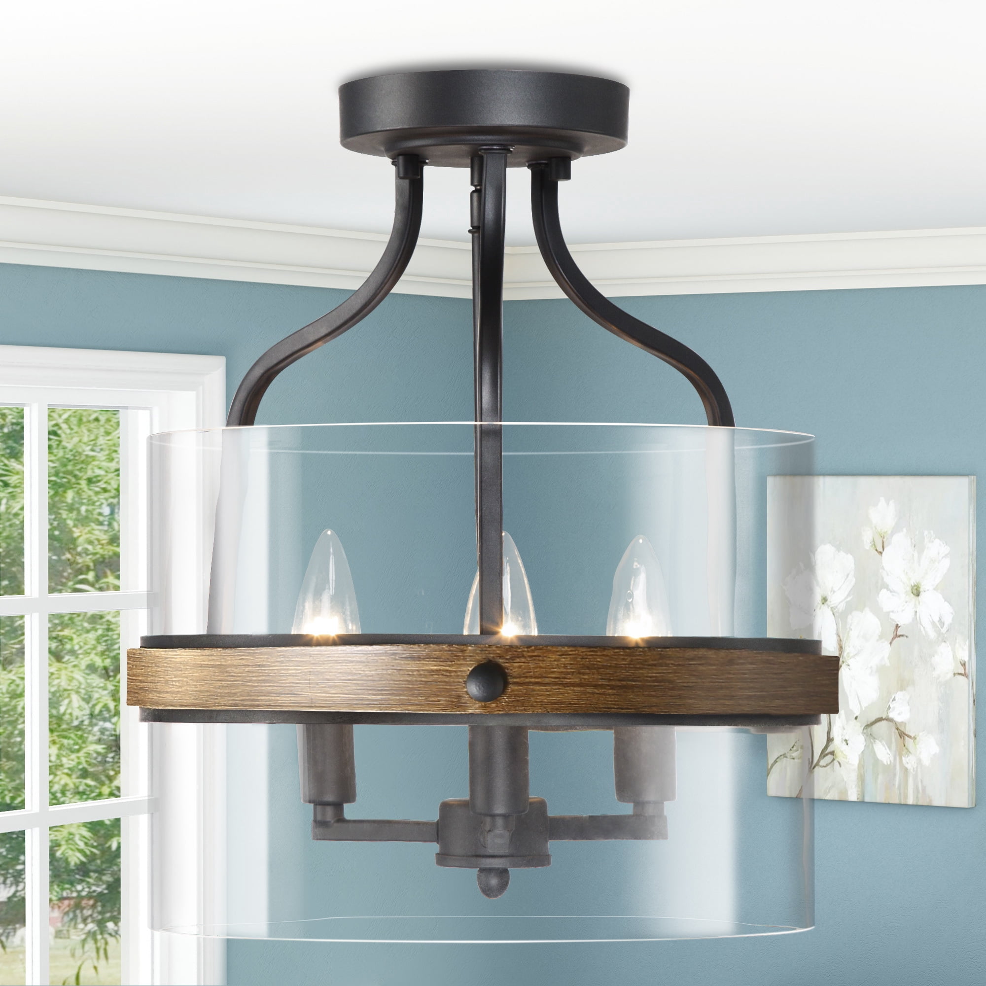LNC Faux-Wood Ring Ceiling Light Clear Glass Shade, 3 Lights Ceiling Lighting Fixtures for Dining Room